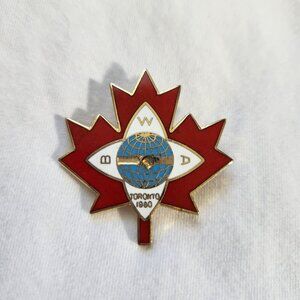 Vintage 1980 Toronto WBD World Pin With Red Maple Leaf Design